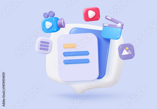 3D media data with video and photo management. Searching image and video files in gallery library. Document management soft database, document form. 3d multimedia file icon vector render illustration