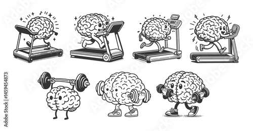 brains working out on treadmills and lifting weights Set collection bundle sketch engraving generative ai vector illustration. Scratch board imitation. Black and white image.