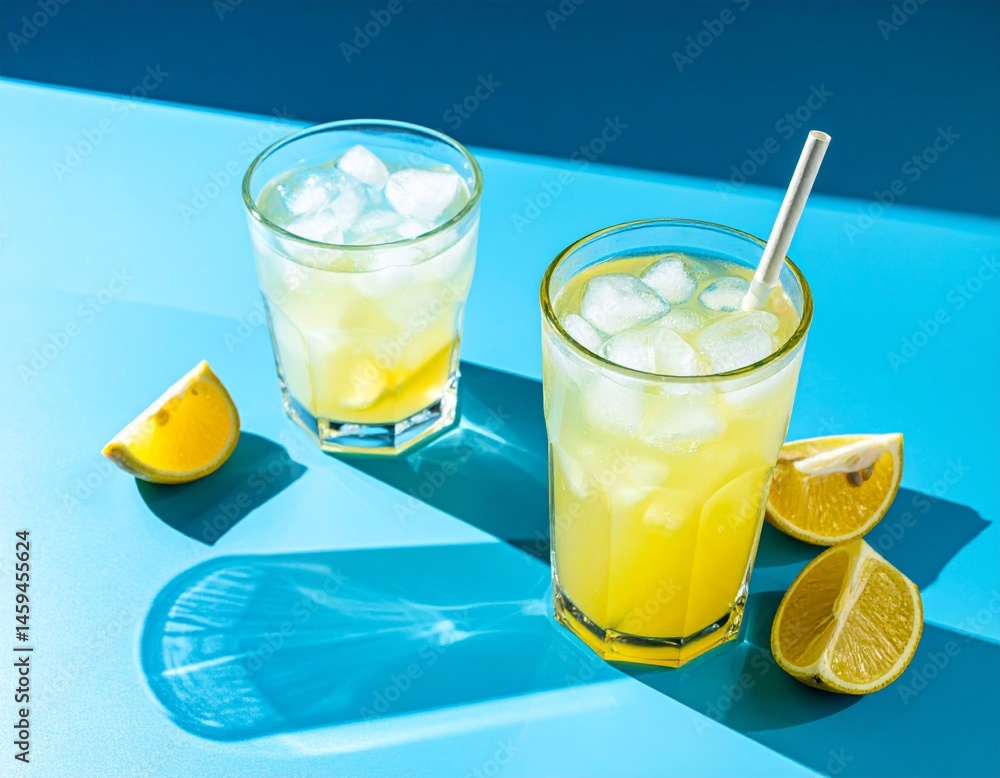 Two glasses with ice and yellow drinks, possibly lemonade or cocktails, sit on a blue surface with lemon slices, a straw, and strong sunlight casting shadows. Two glasses with ice and yellow drinks, possibly lemonade or cocktails, sit on a blue surface with lemon slices, a straw, and strong sunlight casting shadows.