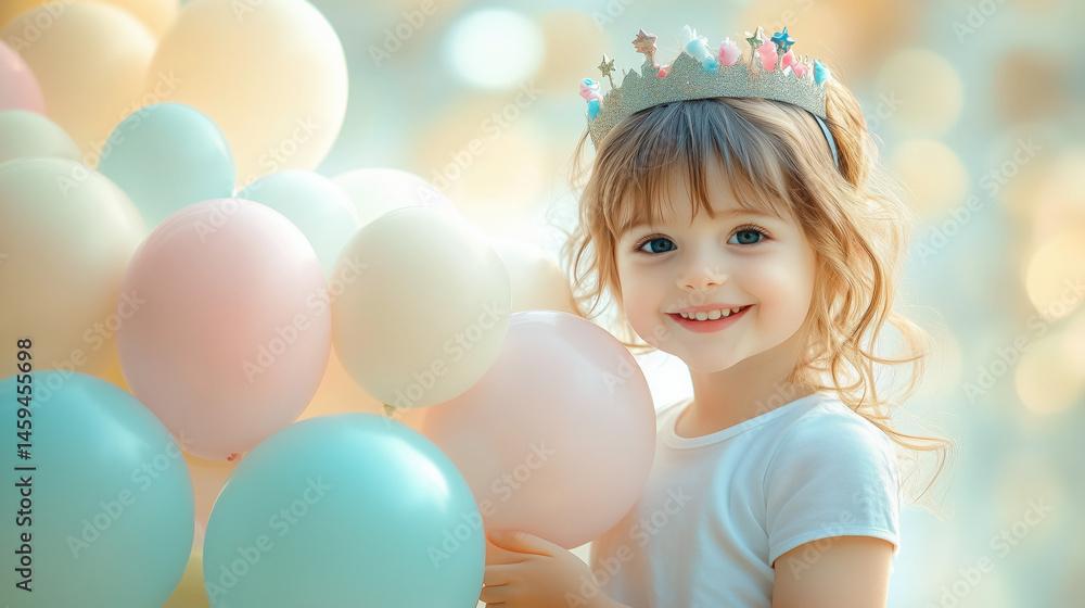 smiling child holding a bunch of pastel-colored balloons and wearing a party crown soft pastel background smiling child holding a bunch of pastel-colored balloons and wearing a party crown soft pastel background
