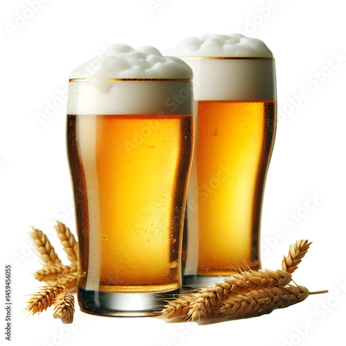 A clear pint glass brimming with golden beer and a creamy foam top isolate on White background