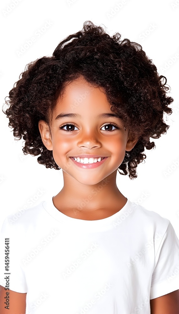 A joyful young girl with a bright smile and curly hair, wearing a white shirt against a white background A joyful young girl with a bright smile and curly hair, wearing a white shirt against a white background
