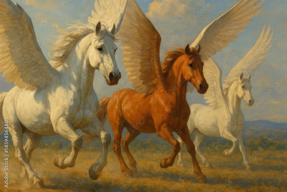 Fototapeta premium Majestic winged horses galloping skyward.