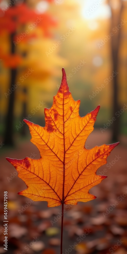 A single maple leaf in a forest with autumn colors A single maple leaf in a forest with autumn colors