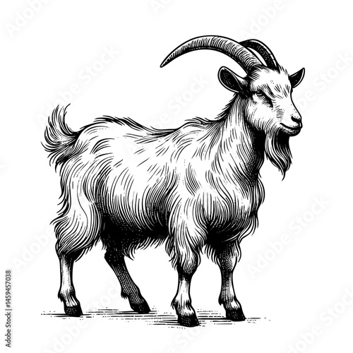 vintage black and white ink illustrations of goat in various poses, isolated on white background, rustic countryside farm style, detailed sketch.