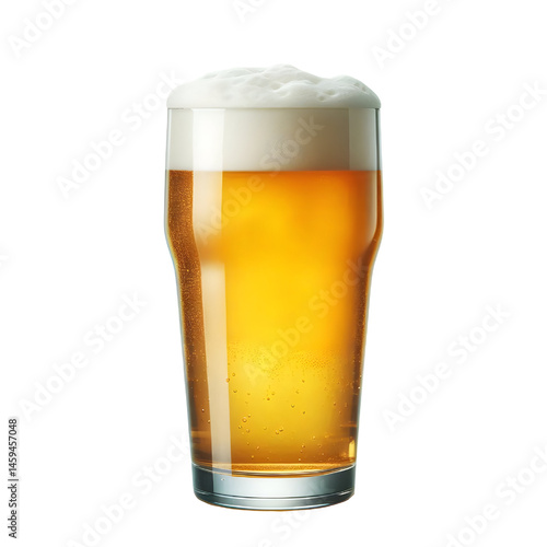 A clear pint glass brimming with golden beer and a creamy foam top isolate on White background