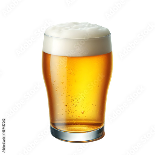 A clear pint glass brimming with golden beer and a creamy foam top isolate on White background