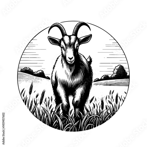 vintage black and white ink illustrations of goat in various poses, isolated on white background, rustic countryside farm style, detailed sketch.