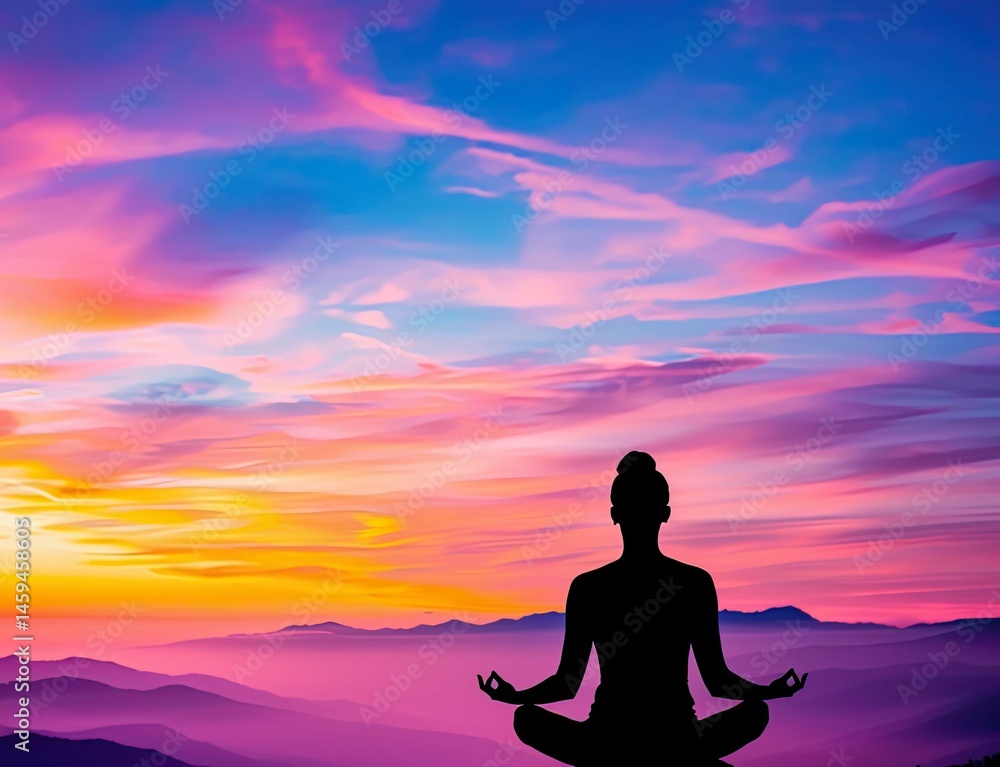 Silhouette of Meditating Figure Against Vibrant Sunset Sky with Colorful Clouds and Majestic Mountain Range Evoking Peaceful Reflection and Inner Calm Silhouette of Meditating Figure Against Vibrant Sunset Sky with Colorful Clouds and Majestic Mountain Range Evoking Peaceful Reflection and Inner Calm