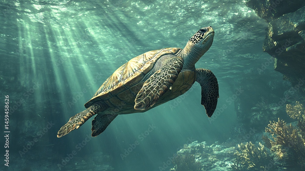 Obraz premium Ancient sea turtle gracefully gliding over coral cliffs gentle ocean currents sunlight beams no human no labelling no logo