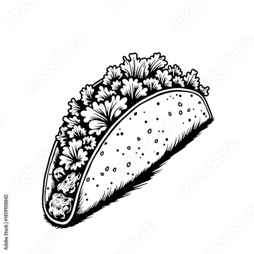 Detailed line art taco filled with beef and lettuce, culinary design