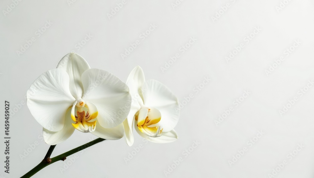 Obraz premium Delicate white orchid blossom against pure white backdrop, simple, floral, artistic