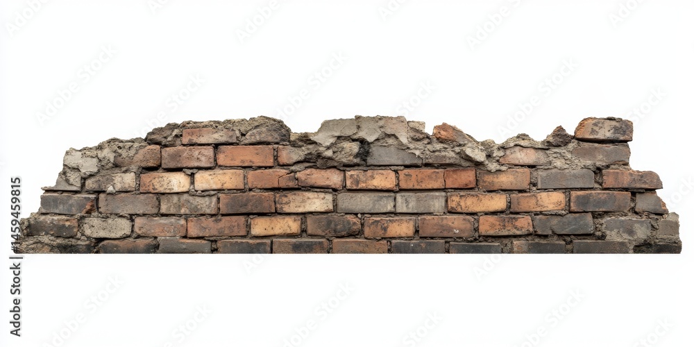 Obraz premium Ruined brick wall section, showing varied brick colors and mortar deterioration