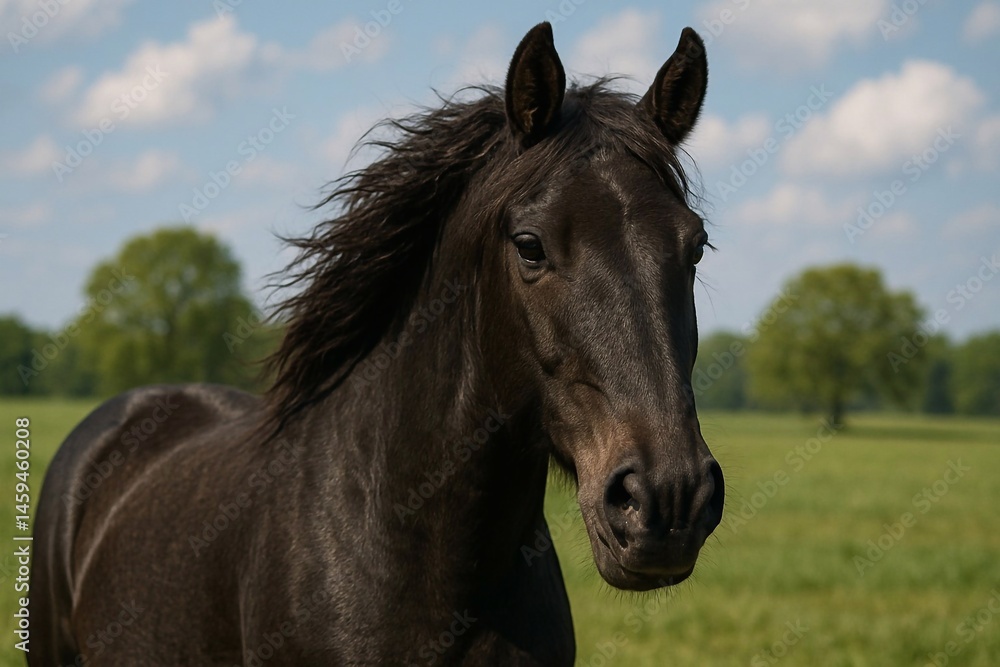 Obraz premium Black horse on a green pasture 