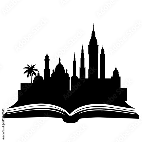Silhouette of open book with global landmarks, creative interpretation