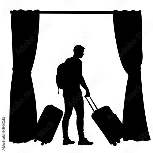 Silhouette of traveler exiting dorm room with luggage, journey ahead