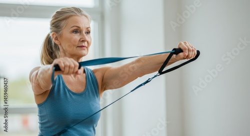 Senior Woman Fitness Exercise Routine - A healthy senior woman performs a fitness exercise using resistance bands. She is focused and determined