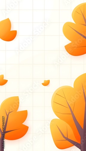 Autumnal leaves and branches on a grid background