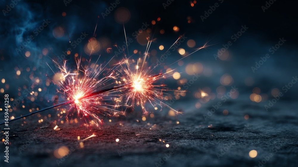 Fototapeta premium Red and blue sparklers glow with golden embers, soft fireworks in the distance. Celebrating Fourth of July with vibrant lights and vintage charm. 