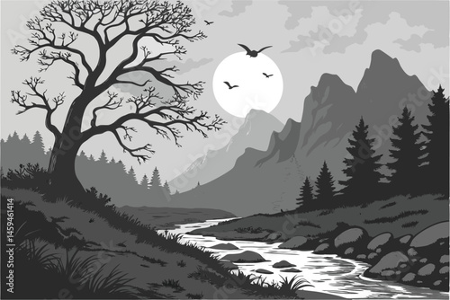 76 Black and white landscape, moonlit river valley, dramatic full moon, jagged mountains, flowing stream, rocky riverbed, twisted trees, ethereal atmosphere, cloudy night sky, birds in flight, detaile