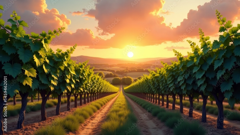 Naklejka premium Sunset through the vines of a vineyard