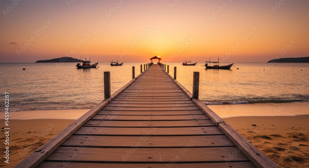 Naklejka premium Serene Sunset Pier - Tranquil sunset view over calm ocean waters, wooden pier extending towards a distant horizon, small boats gently bobbing