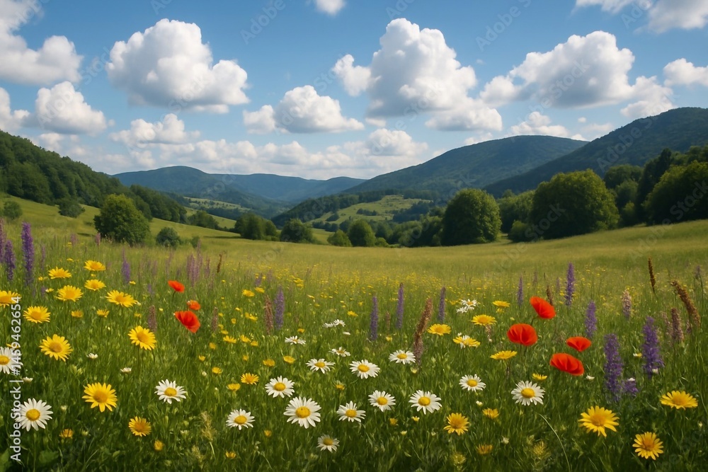 Fototapeta premium Flowering meadow among the mountains 