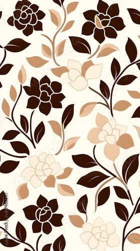 Elegant floral pattern with dark brown and beige flowers and leaves on a white background