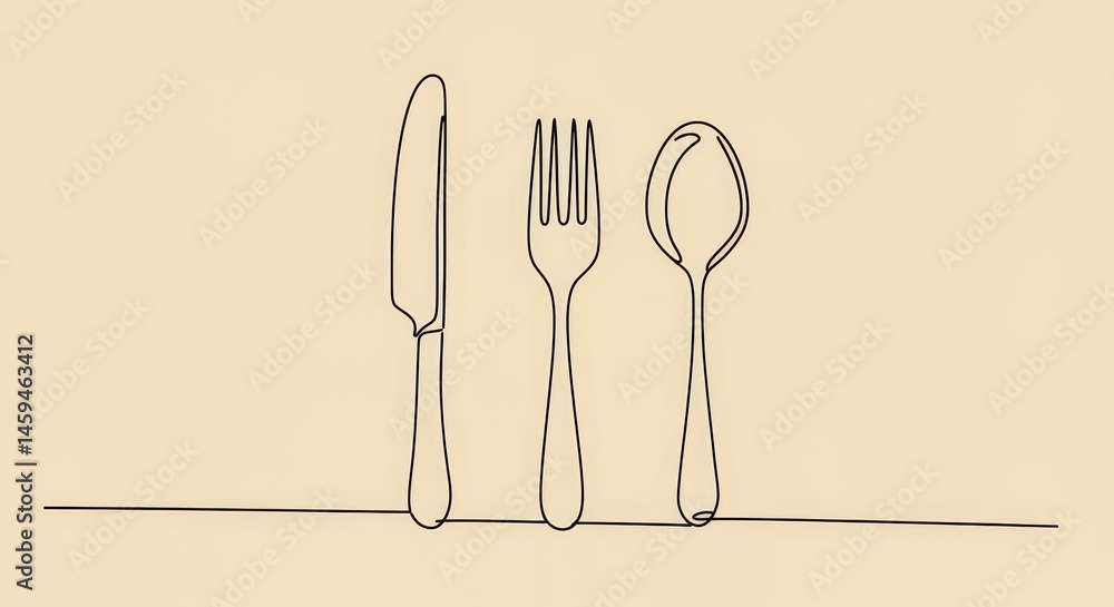 Simple Line Art Cutlery Set - Minimalist line drawing of a knife, fork, and spoon on a beige background. Perfect for restaurant menus, culinary websites, or food blogs Simple Line Art Cutlery Set - Minimalist line drawing of a knife, fork, and spoon on a beige background. Perfect for restaurant menus, culinary websites, or food blogs