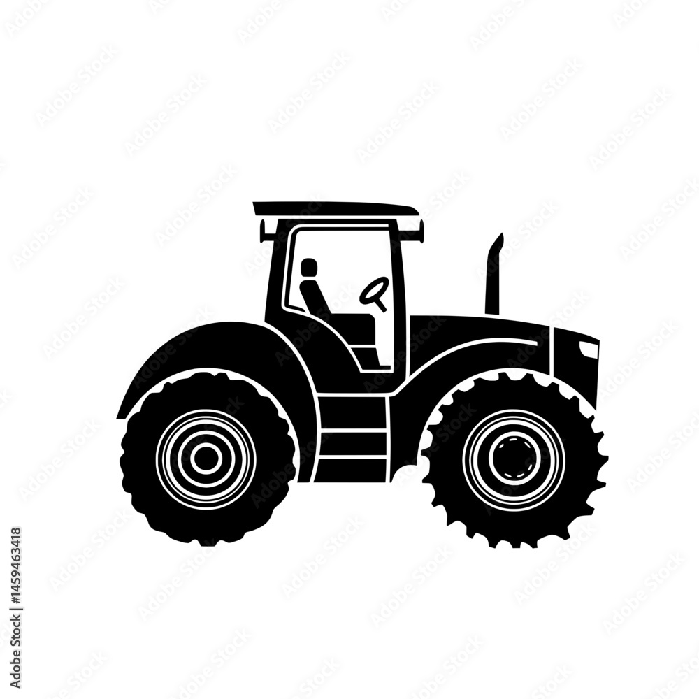 Side view icon of a compact agricultural tractor with large rear wheels and detailed cabin Side view icon of a compact agricultural tractor with large rear wheels and detailed cabin