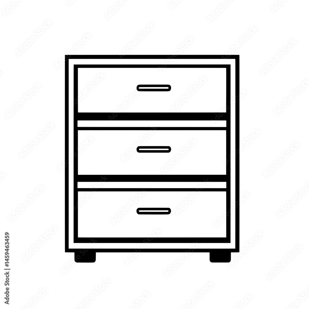 Minimal icon of a cabinet with three wide drawers and short legs designed for home or office use Minimal icon of a cabinet with three wide drawers and short legs designed for home or office use