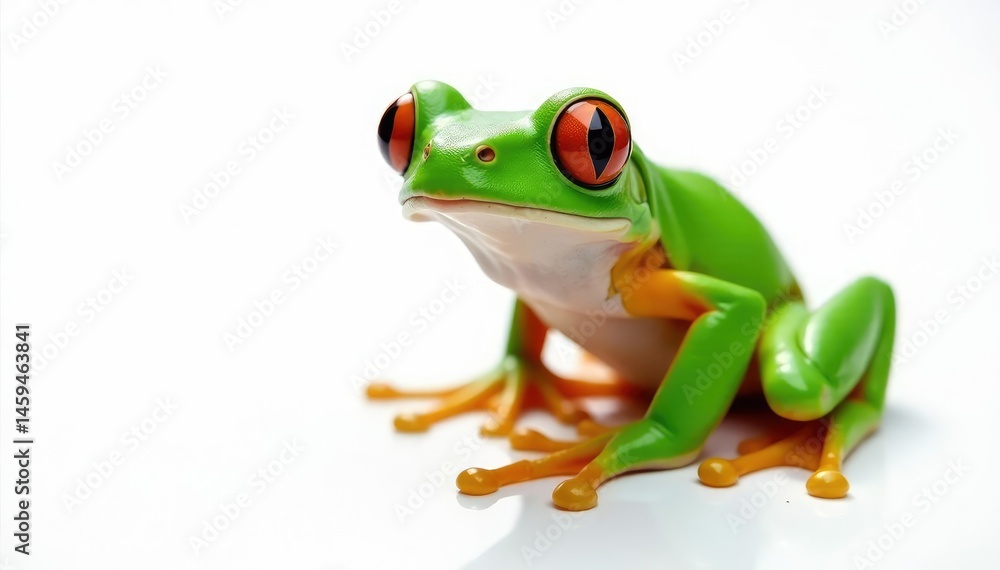 Obraz premium Green tree frog perched on white, vibrant skin, tropical, wildlife photography