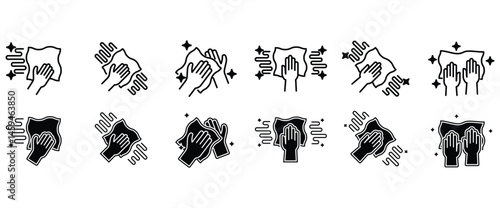 Detailed flat icon set featuring various movements of equipment. Cleaning cloth icon set. Cleaning cloth symbol. Household appliances sign. Vector illustration on transparent background. Icon Set