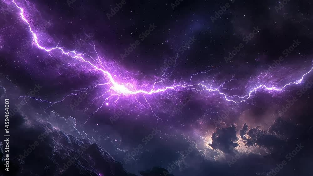 Electrifying purple lightning storm against dramatic dark cloudy sky Electrifying purple lightning storm against dramatic dark cloudy sky