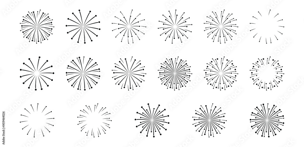 Fireworks Vector Set, Thin and Bold Line Styles, Circular Burst Elements. Fireworks Vector Set, Thin and Bold Line Styles, Circular Burst Elements.