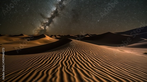 Milky Way over desert dunes under starry sky, long exposure captures golden sands against cosmic blue.