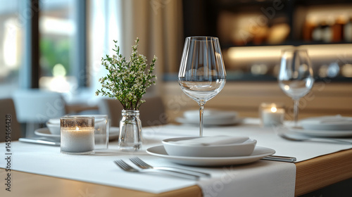 Alternate rendering of white table runner and dishware mockup in a dining setting