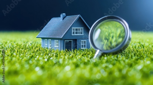 House model and magnifying glass on grass real estate concept