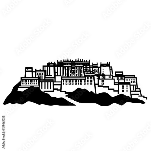 Outlined icon of historic mountain-top fortress or monastery complex in silhouette