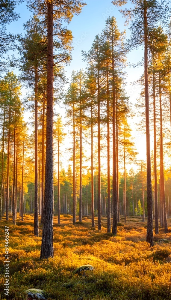 Fototapeta premium Golden hour illuminates a pine forest floor, tall trees bathed in warm sunlight