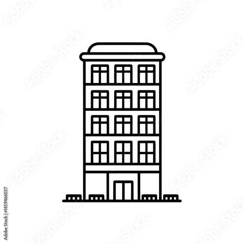 Detailed line icon of multistory building with classic facade and front entrance