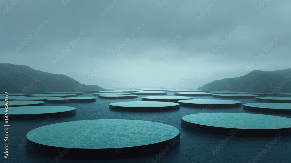 Vast body of water with multiple circular structures floating on its surface. the structures are arranged in a grid-like pattern, with each structure having a unique shape and size. Vast body of water with multiple circular structures floating on its surface. the structures are arranged in a grid-like pattern, with each structure having a unique shape and size.