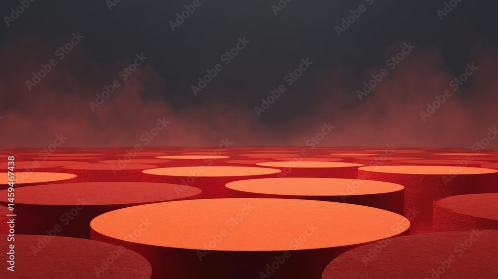 Fototapeta premium Vast expanse of red circles arranged in a grid-like pattern. the circles are of different sizes and shapes, with some being larger and others being smaller.