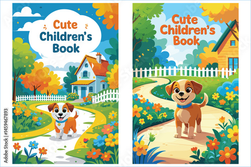 Cute Childrens Book Cover Illustration Dog And Houses On A Bright Landscape