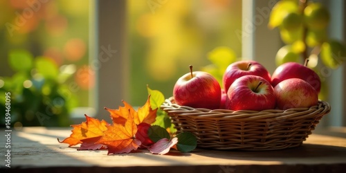 Wallpaper Mural A basket of ripe red apples sits on a wooden surface, illuminated by warm autumn sunlight, surrounded by vibrant fall leaves. Torontodigital.ca
