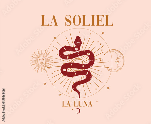 La Soliel snake astrology sun luna space snakes stars gold Trending Script Slogan Whreaf Graphic Tee t-shirt logo artwork typography tote badge emblem crest hippy