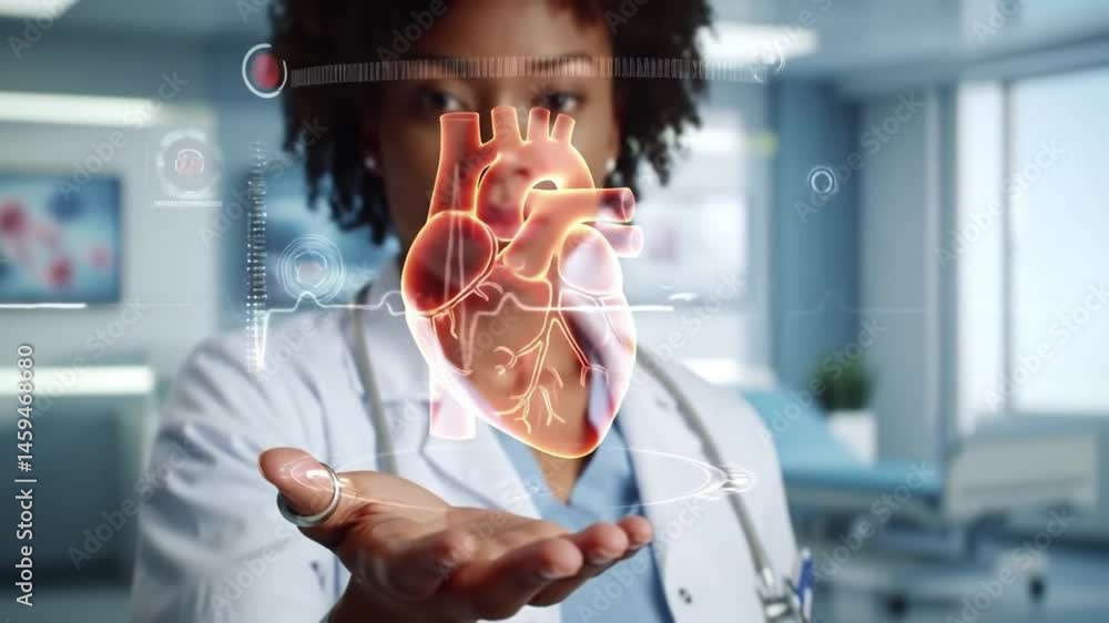 a doctor’s hand presenting a glowing red holographic heart with an ECG line in mid-air, hospital environment in soft blur, concept of heart disease awareness