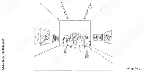 Visitors at the art gallery continuous single line art drawing sketch on white background