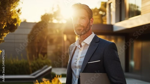 Real estate agent showcases luxury home in stylish suit at sunset