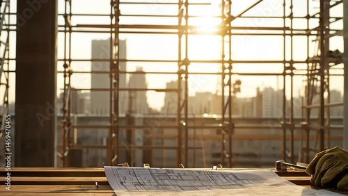 Scaffolding clamps blueprint on construction site with helmet in sunset light